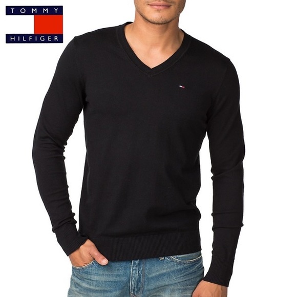Tommy Hilfiger Black Signature Logo Solid V-Neck Sweater, Men’s Size Medium. - Picture 5 of 16